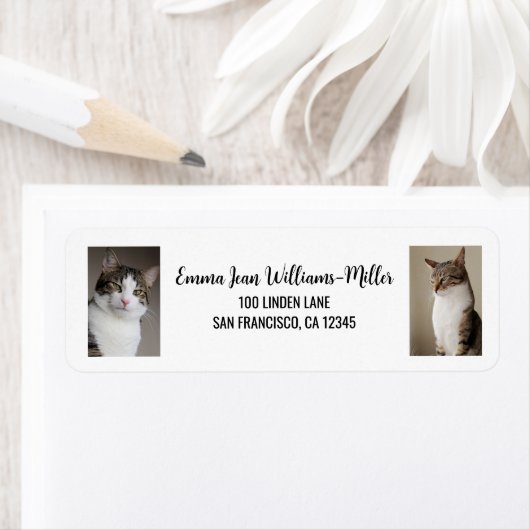 Cat差出人住所を使用して2枚の写真をパーソナライズモダン ラベル (インサイチュ)