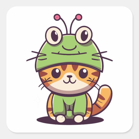 Cat 魅力的 in Frog Hat – かわいいベビー子猫 スクエアシール (正面)