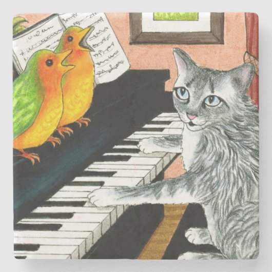 Cat 457 playing Piano Birds ストーンコースター (正面)