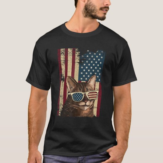Cat 4th of 7月Meowica Merica Men USA American Fl Tシャツ (正面)