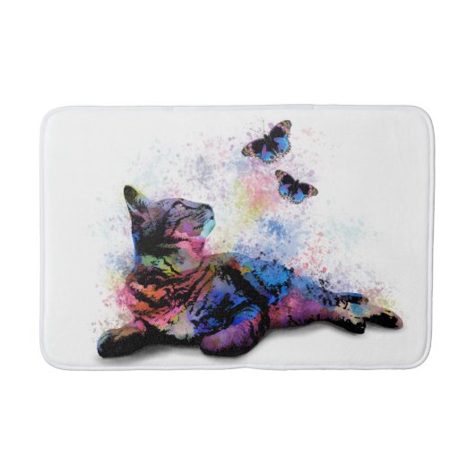 Cat 614ピンク青い蝶 バスマット (正面)
