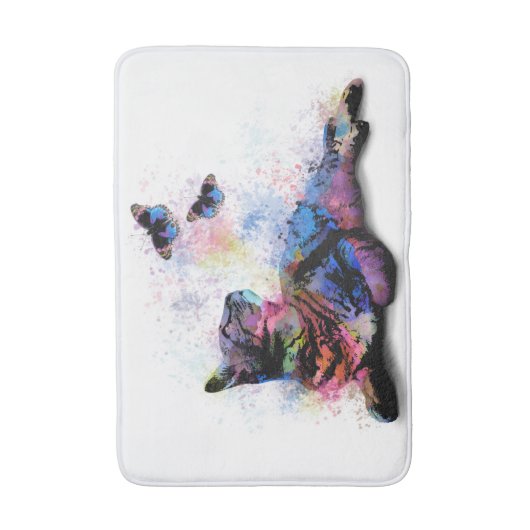 Cat 614ピンク青い蝶 バスマット (正面縦)