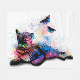 Cat 614ピンク青い蝶 フリースブランケット