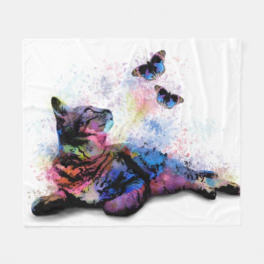 Cat 614ピンク青い蝶 フリースブランケット (正面(横))