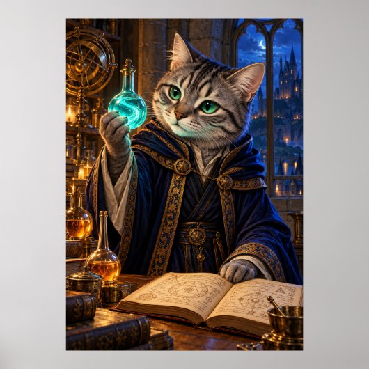 Cat Alchemist Fantasy Wizard Wall Art Poster ポスター (正面)