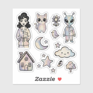 Cat Alien Pinup Girl Cool Illustration Sticker Set シール