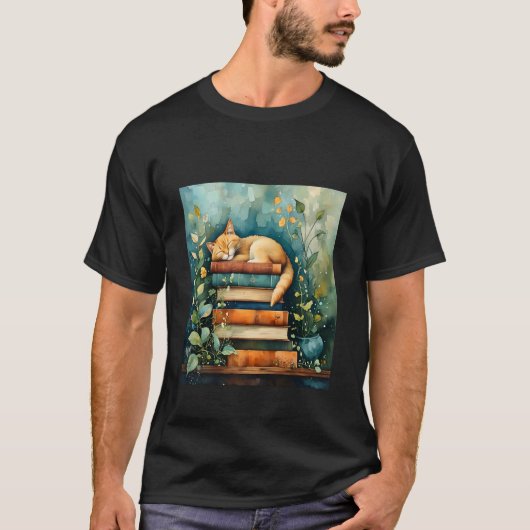 Cat and Books - Cute Cat Lover Tシャツ (正面)