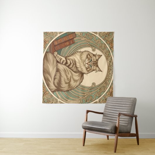 cat and books framed with geometrical ornament タペストリー (インサイチュ(横))