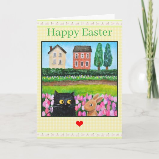 Cat and Bunny among Tulips Cute Spring Landscape カード (正面)