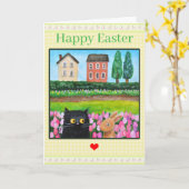 Cat and Bunny among Tulips Cute Spring Landscape カード (黄色い花)