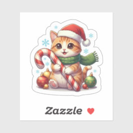 Cat and Candy Cane Cute Christmas Holiday Sticker シール