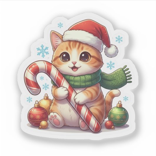 Cat and Candy Cane Cute Christmas Holiday Sticker シール (正面)