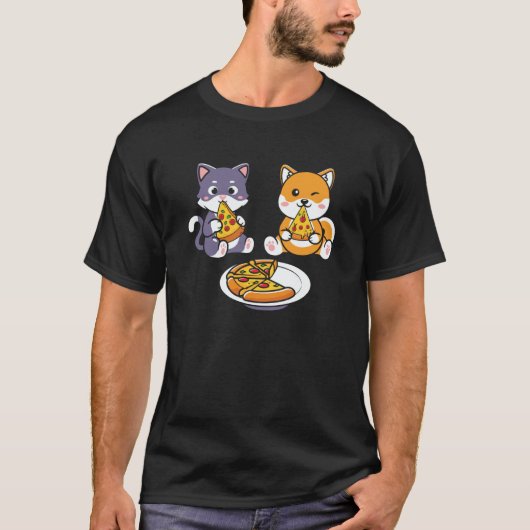 Cat And Corgi Dog Eating Pizza Kids Tシャツ (正面)