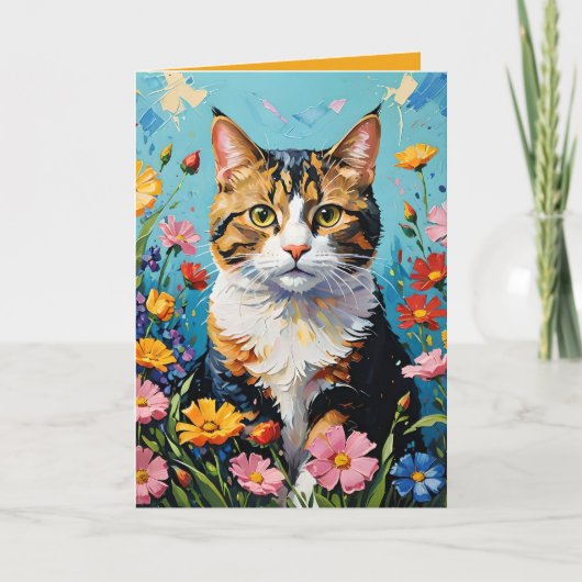 Cat and Flowers Greetings Card カード (正面)