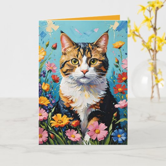 Cat and Flowers Greetings Card カード (黄色い花)