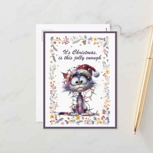 Cat and Lights It's Christmas Is This Jolly Enough シーズンポストカード (正面/裏面インサイチュ)