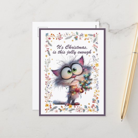 Cat and Lights It's Christmas Is This Jolly Enough シーズンポストカード (正面/裏面インサイチュ)