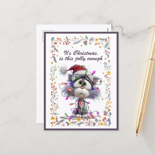Cat and Lights It's Christmas Is This Jolly Enough シーズンポストカード (正面/裏面インサイチュ)