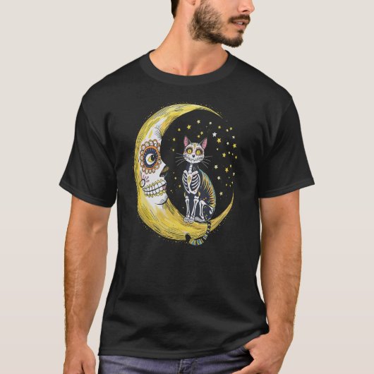 Cat And Moon Sugar Skull Dia De Los Muertos Day Of Tシャツ (正面)