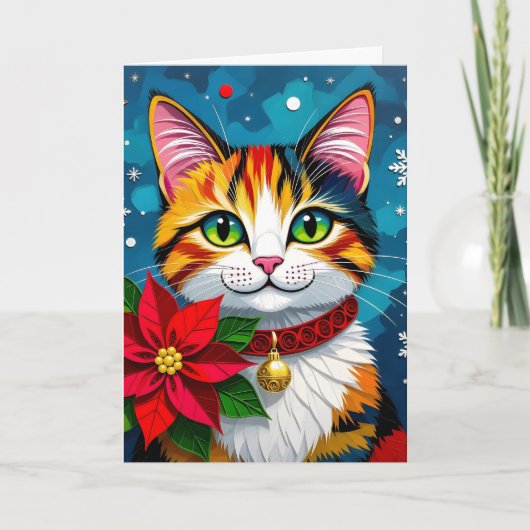 Cat and Poinsettia Personalized Christmas シーズンカード (正面)