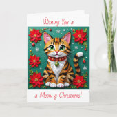 Cat and Poinsettia Personalized Christmas シーズンカード (正面)