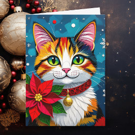 Cat and Poinsettia Personalized Christmas シーズンカード