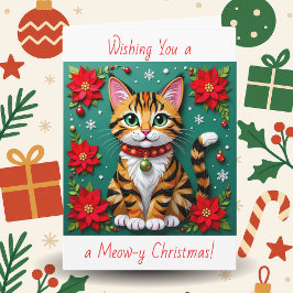 Cat and Poinsettia Personalized Christmas シーズンカード