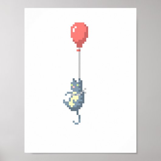 Cat And Red Balloon Pixel Art Poster ポスター (正面)