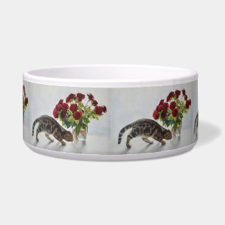 Cat and Red Roses – Realistic Oil Painting Print ボウル