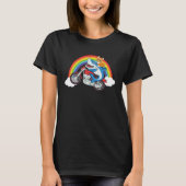 Cat And Shark Riding Motorcycle With Rainbow Graph Tシャツ (正面)
