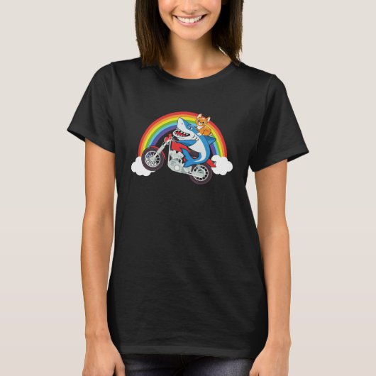 Cat And Shark Riding Motorcycle With Rainbow Graph Tシャツ (正面)