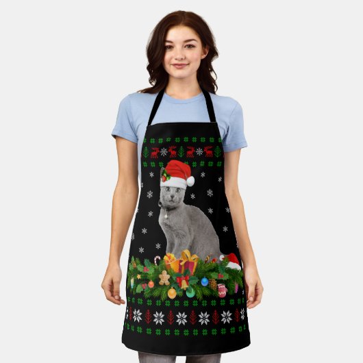 Cat Animal Lover Santa Hat Ugly Russian Blue Cat エプロン (着用した状態)