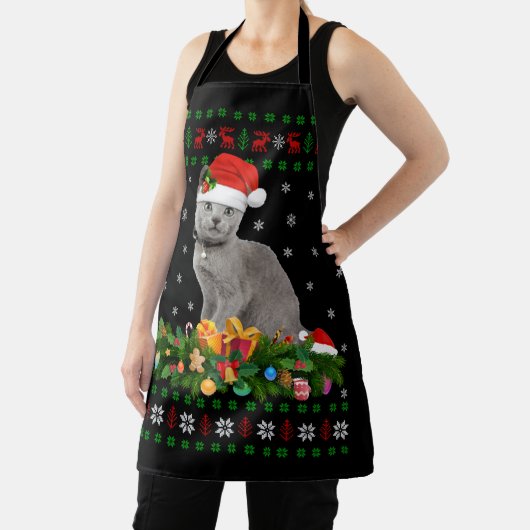 Cat Animal Lover Santa Hat Ugly Russian Blue Cat エプロン (インサイチュ)
