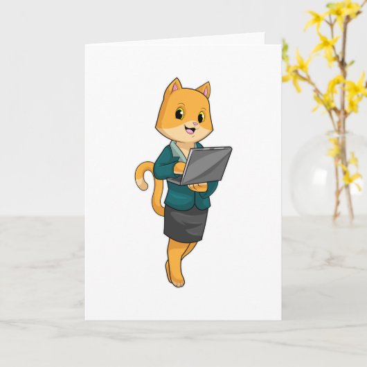 Cat as Secretary with Laptop カード (黄色い花)