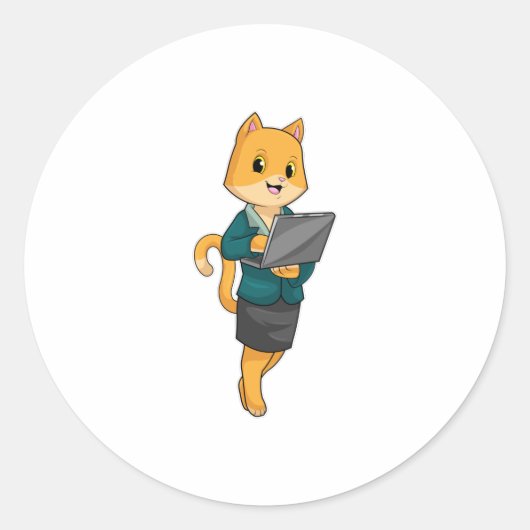 Cat as Secretary with Laptop ラウンドシール (正面)