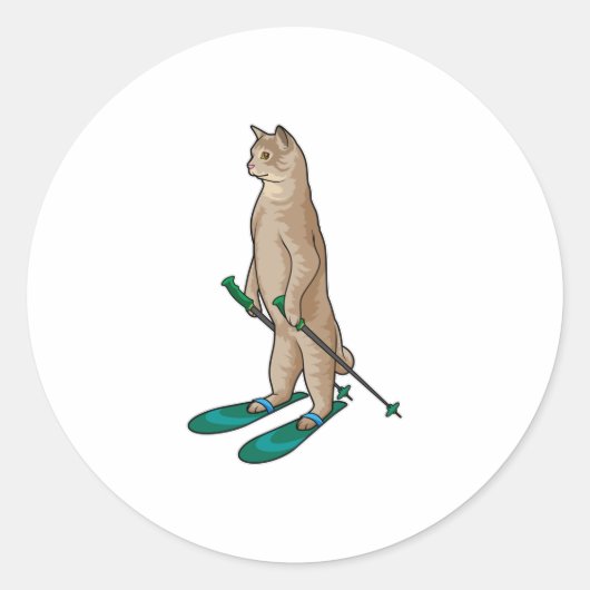 Cat as Skier with Ski & Ski poles ラウンドシール (正面)