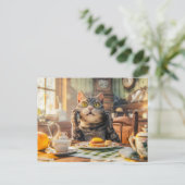 Cat at breakfast table with croissants and juice シーズンポストカード (スタンド正面)