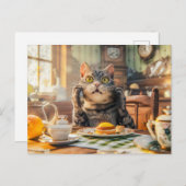 Cat at breakfast table with croissants and juice シーズンポストカード (正面/裏面)