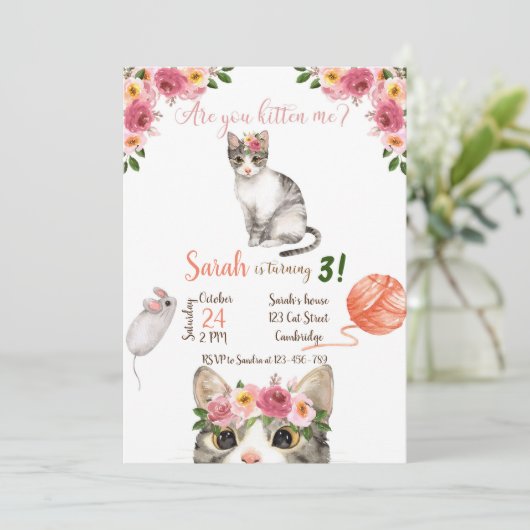 Cat Birthday Invitation, Cat Invitation, Kitty 招待状 (スタンド正面)