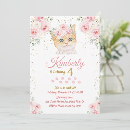 Cat Birthday Invitation Kitten Party Pawty Girl 招待状 (スタンド正面)