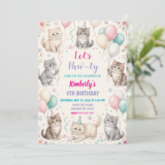 Cat Birthday Invitation Kitten Party Pawty Girl 招待状