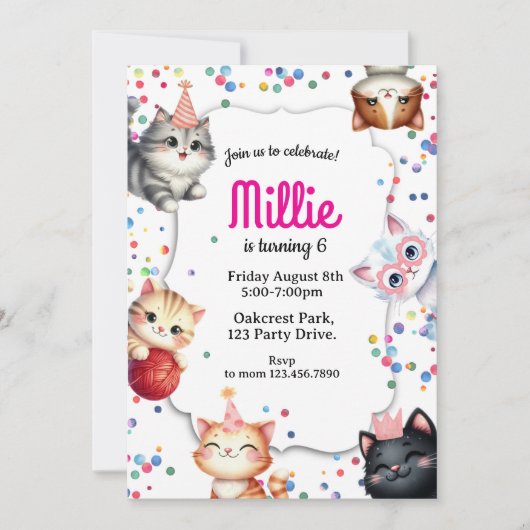 cat birthday invitation, kitty party invite 招待状 (正面)