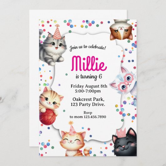 cat birthday invitation, kitty party invite 招待状 (正面/裏面)