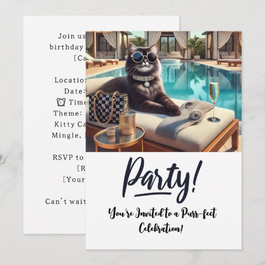 Cat Birthday Party Invitationカード 招待状 (正面/裏面)