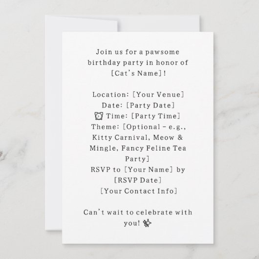 Cat Birthday Party Invitationカード 招待状 (裏面)