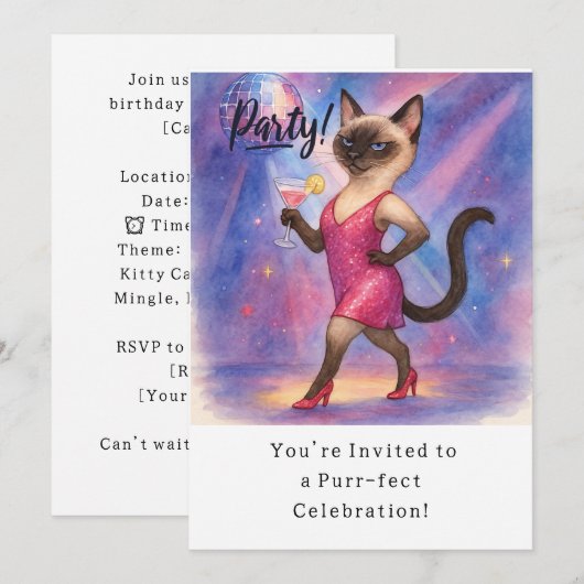 Cat Birthday Party Invitationカード 招待状 (正面/裏面)
