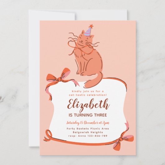 Cat Birthday Party Invite, Modern Pawty Cat 招待状 (正面)