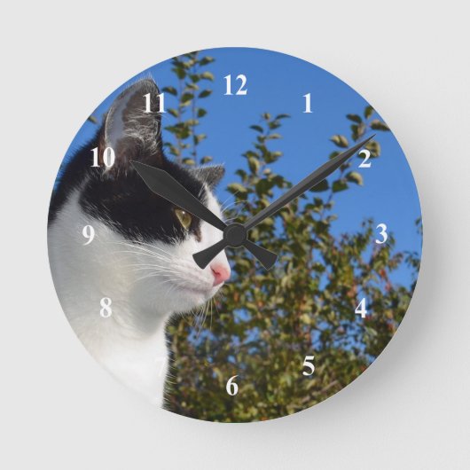 Cat Black and White Profile写真 ラウンド壁時計 (正面)