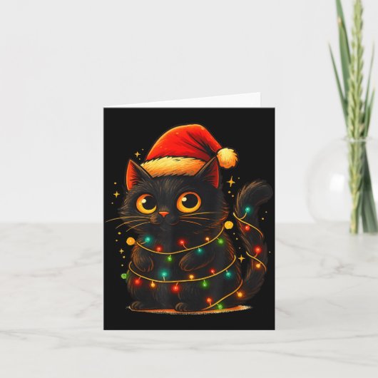 Cat Black Christmas Tree Lights Funny Santa Kitten カード (正面)