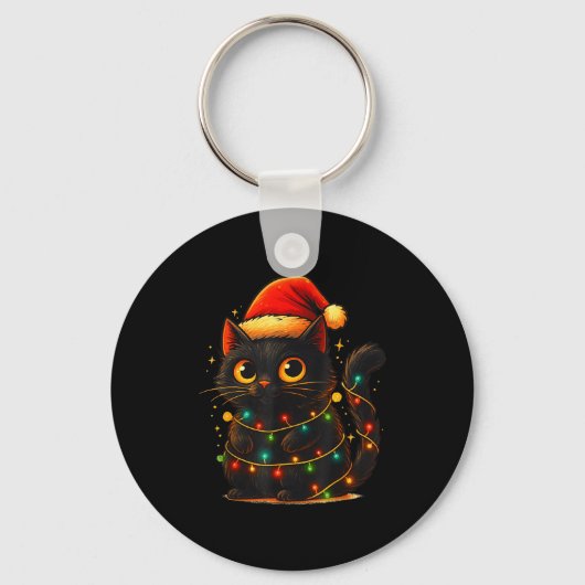Cat Black Christmas Tree Lights Funny Santa Kitten キーホルダー (正面)